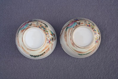 Two fine Chinese famille rose 'European subject' cups and saucers, Qianlong